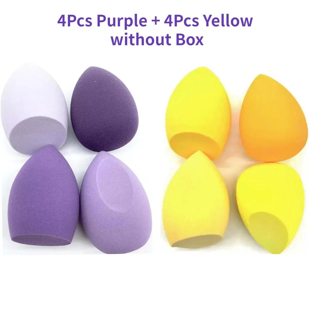 Assorted makeup sponges and puffs in a set of 4/8, ideal for applying foundation, concealer, and blush. Made of soft latex, perfect for a smooth, flawless makeup finish.