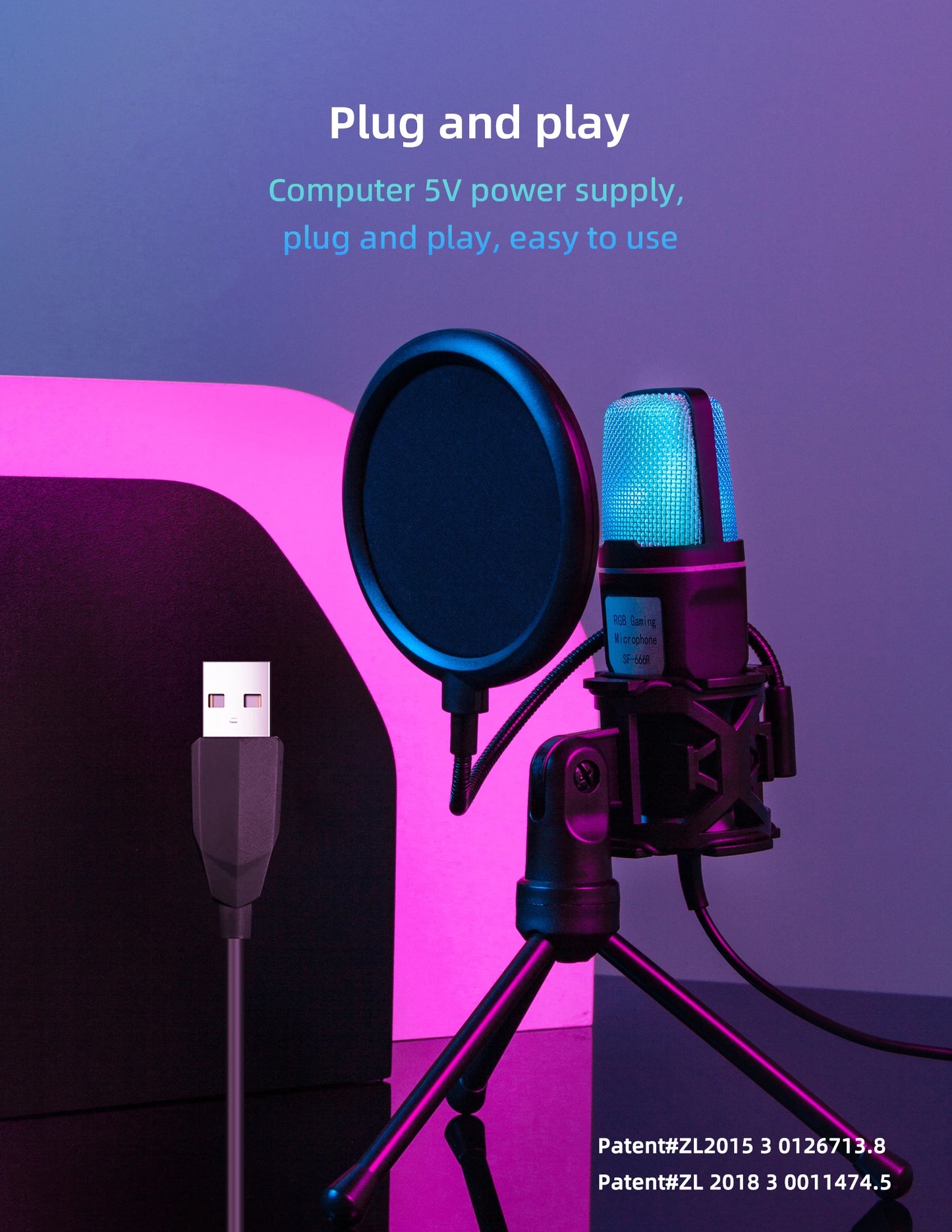 SF666R USB Microphone with RGB Lighting - Condenser Gaming Mic for PC