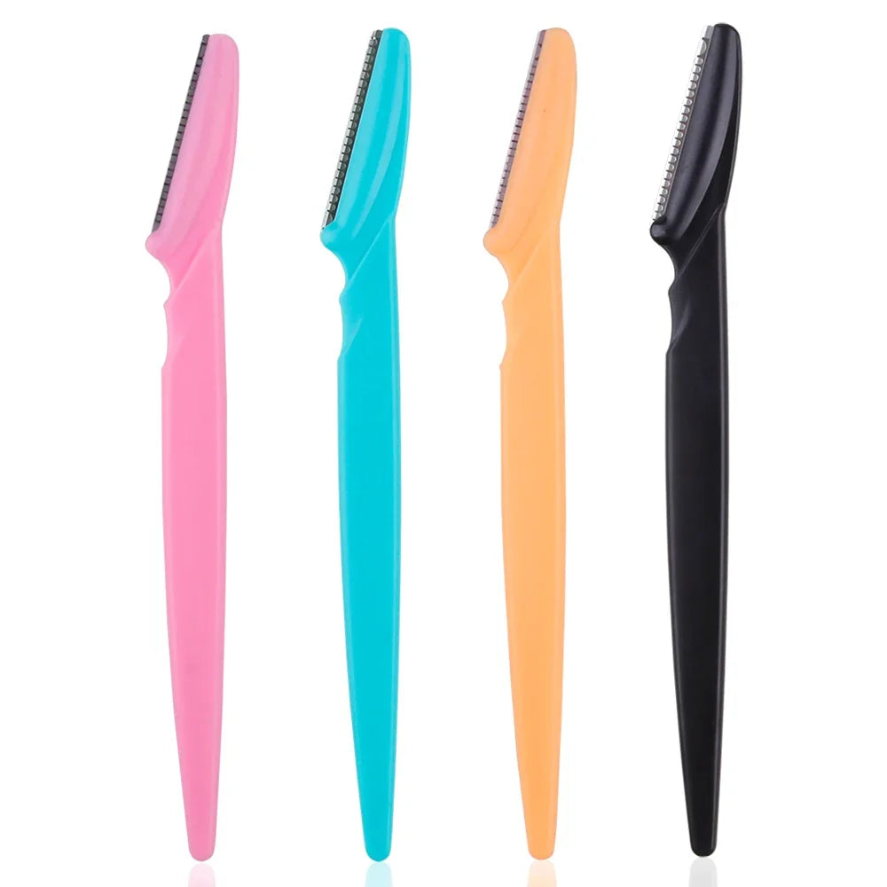 Eyebrow trimmer set in pink, yellow, blue, and black, featuring stainless steel blades and ergonomic handles. Includes 3, 4, or 10 pieces for portable grooming.