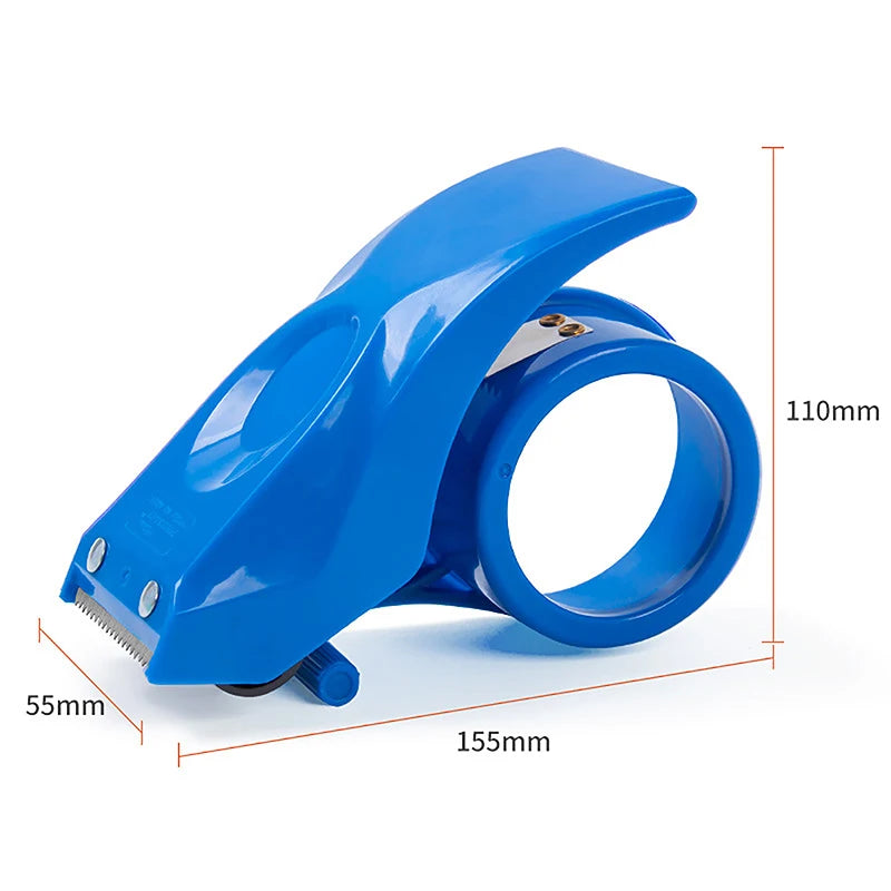 Heavy duty shipping tape dispenser with large transparent tape and built-in cutter.