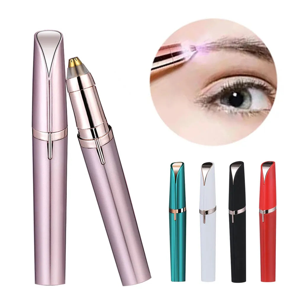 electric eyebrow trimmer in lipstick-shaped design with built-in LED light, offering painless and precise facial hair removal. Portable and discreet for on-the-go grooming