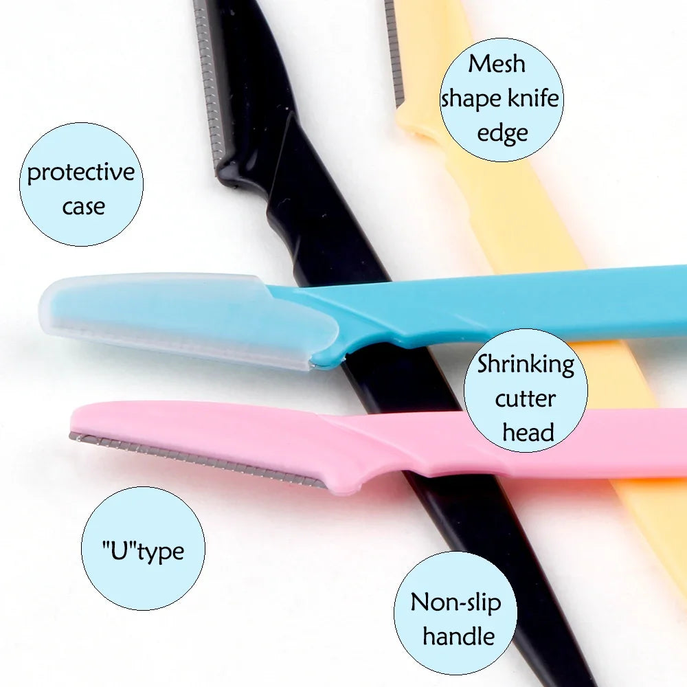 Eyebrow trimmer set in pink, yellow, blue, and black, featuring stainless steel blades and ergonomic handles. Includes 3, 4, or 10 pieces for portable grooming.