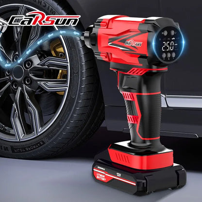 Carsun portable 150PSI wireless air pump for cars, bikes, and motorcycles.