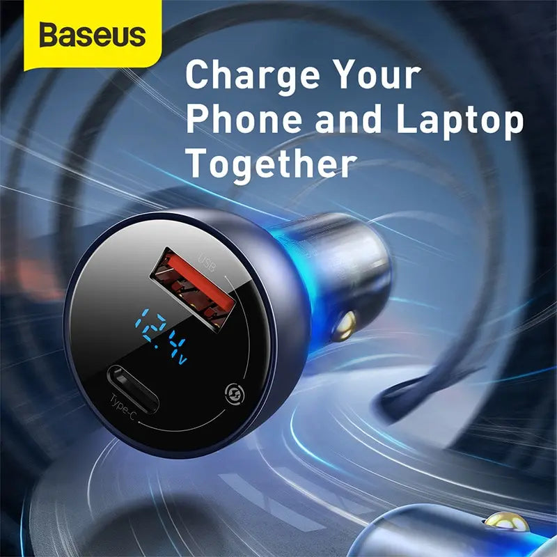 Baseus 65W dual port car charger with USB Type C and PD QC fast charging.