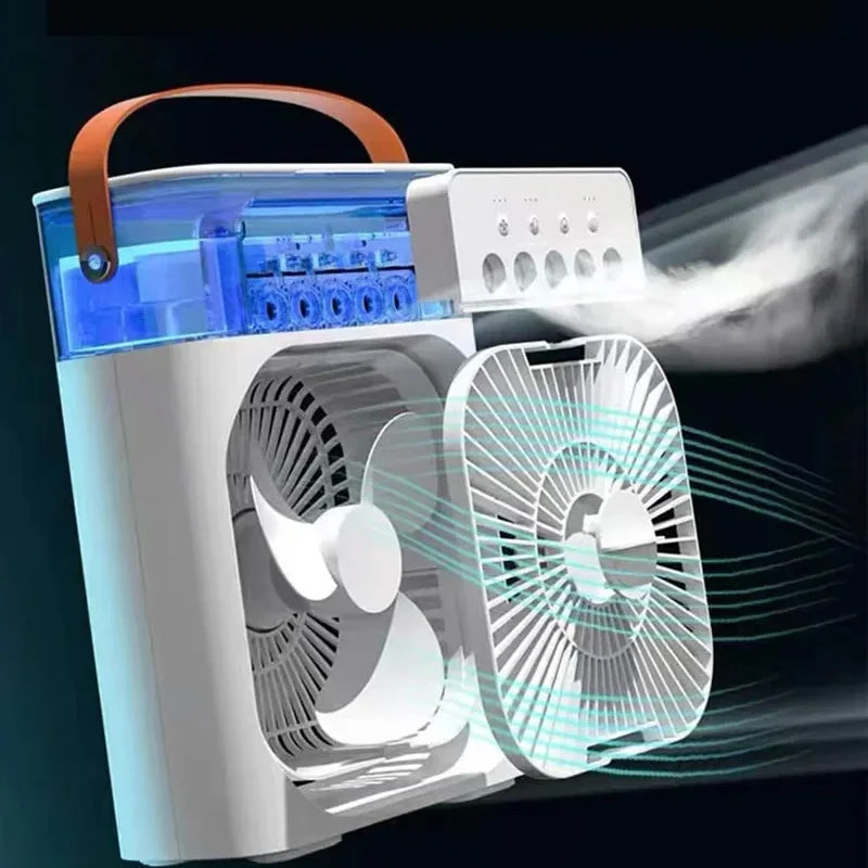 Portable 3-in-1 air cooler fan with 7-color LED lights, featuring a 600ML tank, ideal for cooling and humidifying in any space.