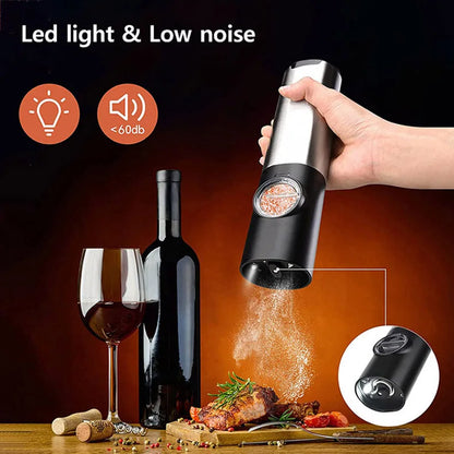 Close-up of USB rechargeable electric salt and pepper grinder set with LED light, stainless steel body, and adjustable coarseness knob. Perfect for precise seasoning in the kitchen.