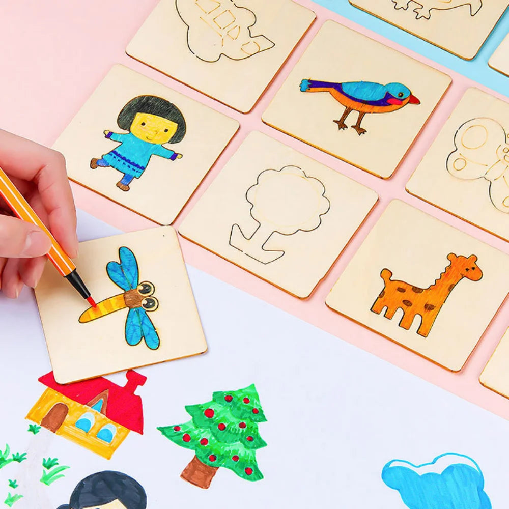 Wooden drawing stencils for kids, featuring various shapes and patterns. Ideal for DIY painting and crafting, designed for children aged 3-12 years.