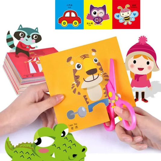 Colorful paper cut-outs and scissors from a DIY craft kit for children, featuring various cartoon-themed designs.