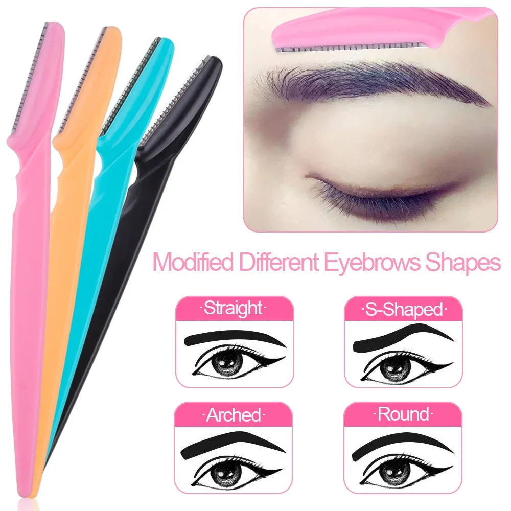 Eyebrow trimmer set in pink, yellow, blue, and black, featuring stainless steel blades and ergonomic handles. Includes 3, 4, or 10 pieces for portable grooming.