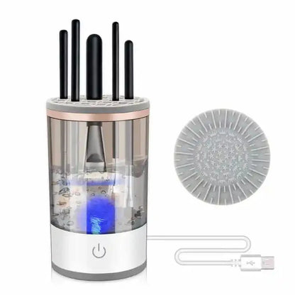 3-in-1 electric makeup brush cleaner with UV sterilization, sonic vibration, and quick-dry features. Includes a brush holder and USB cable for convenient use.