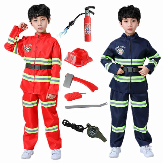 Children’s firefighter costume set with top, pants, adjustable helmet, and toy accessories, ideal for Halloween, career day, and imaginative play.