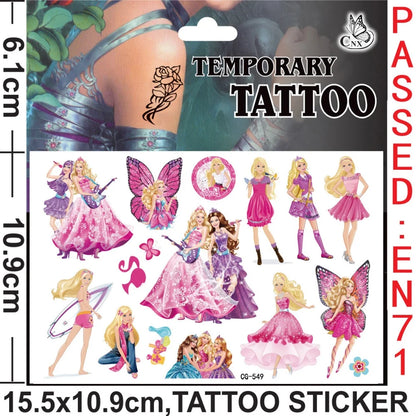 Barbie tattoo stickers featuring original pink princess designs. Waterproof and ideal for birthday parties, decorations, and gifts for kids and girls.