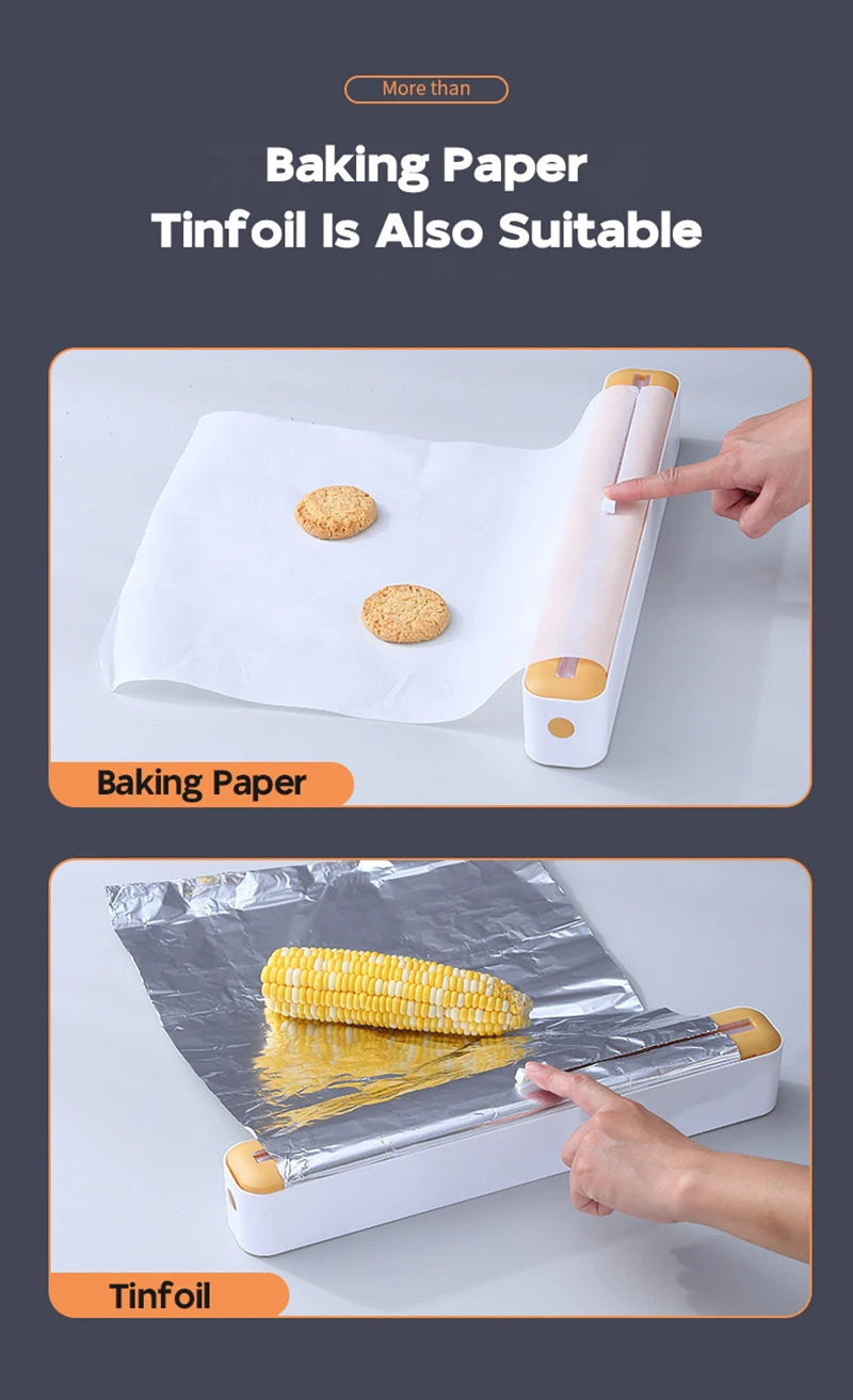 Magnetic food film dispenser with cutter, suitable for plastic wrap and foil.