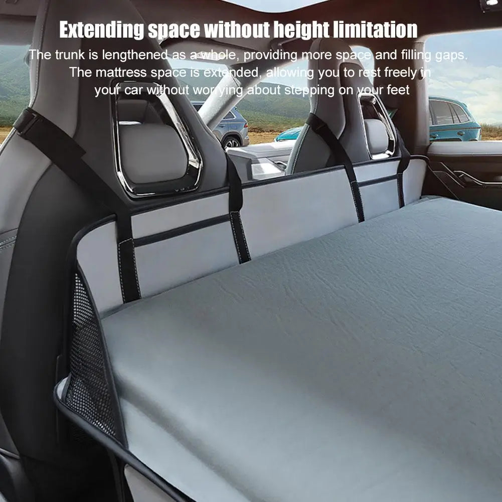 Foldable non-inflatable car mattress for SUVs and trucks with storage bag and side mesh.