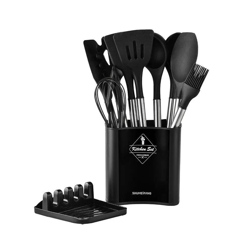 13 PCS Silicone Kitchen Utensil Set with Stainless Steel Handles and Storage Bucket