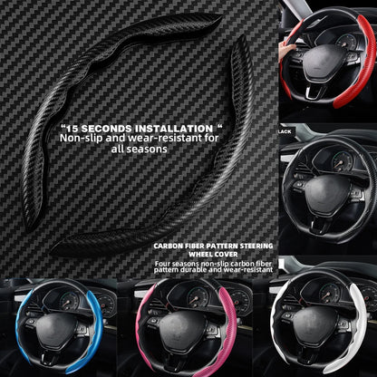 Premium carbon fiber steering wheel cover with non-slip design, universally fitting most car models. Provides a comfortable grip and stylish look for enhanced driving safety.