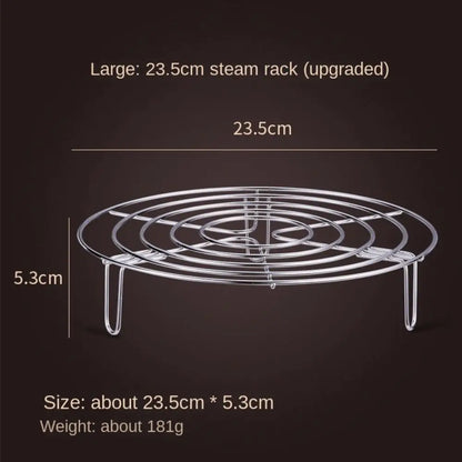 Stainless steel steamer rack in multiple sizes (15.5cm, 19.5cm, 23.5cm, 27.5cm). Made from durable 304 stainless steel, ideal for steaming vegetables and fish, with rust resistance and easy handling.