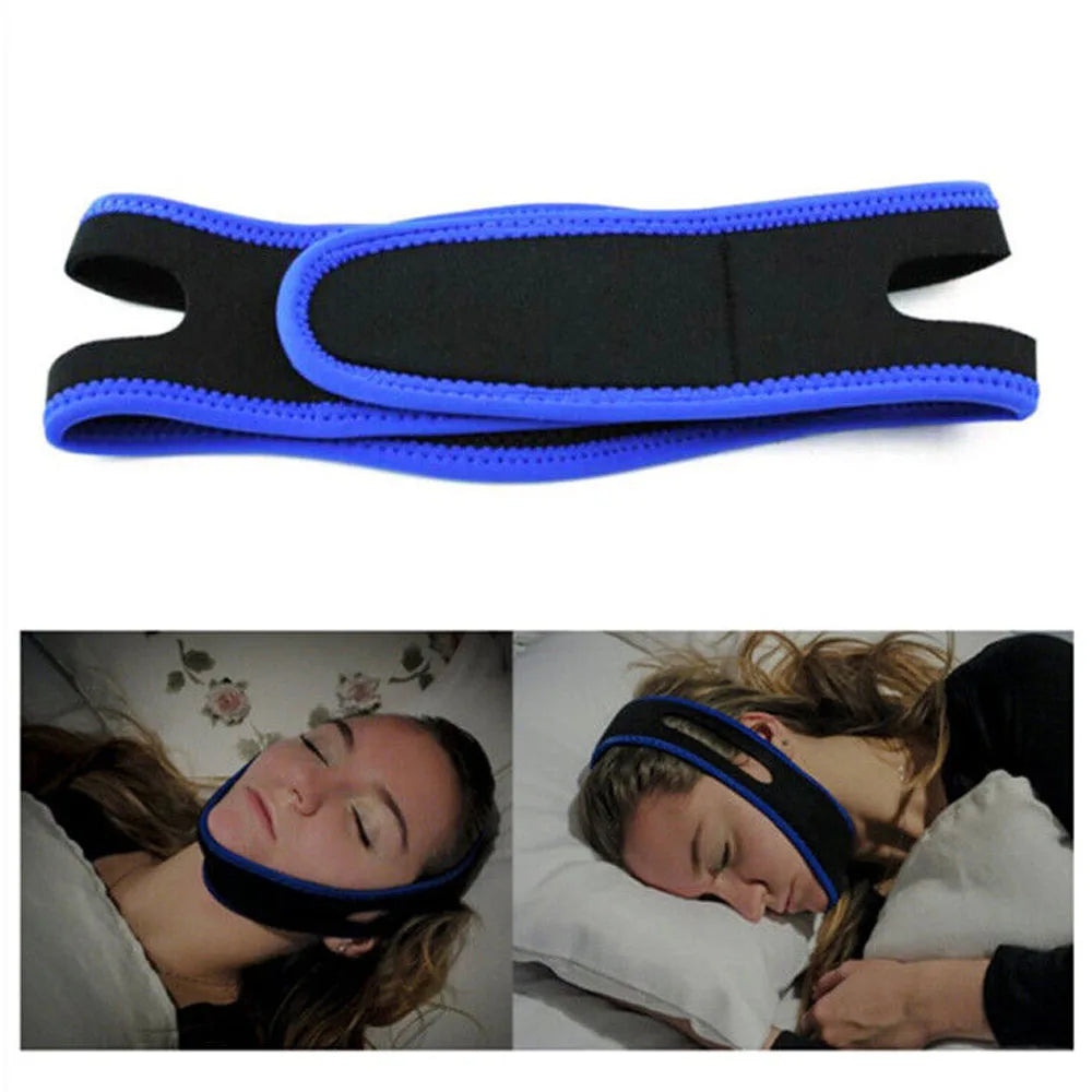 Blue anti-snore chin strap for stopping snoring and supporting jaw alignment.