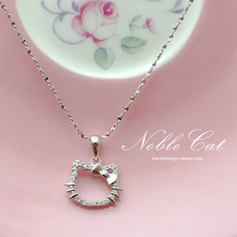 Kawaii Hello Kitty Crystal Pendant Necklace - Elegant White Zircon Jewelry for Girls