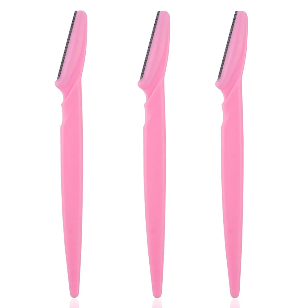 Eyebrow trimmer set in pink, yellow, blue, and black, featuring stainless steel blades and ergonomic handles. Includes 3, 4, or 10 pieces for portable grooming.