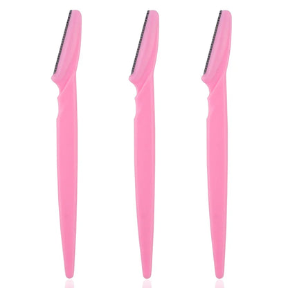 Eyebrow trimmer set in pink, yellow, blue, and black, featuring stainless steel blades and ergonomic handles. Includes 3, 4, or 10 pieces for portable grooming.