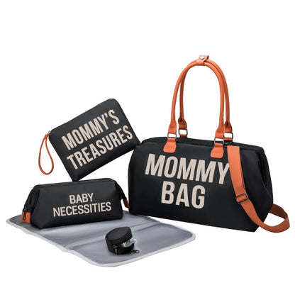 Portable travel mommy bag in a stylish print pattern, large-capacity design with an insulated compartment for milk bottles.