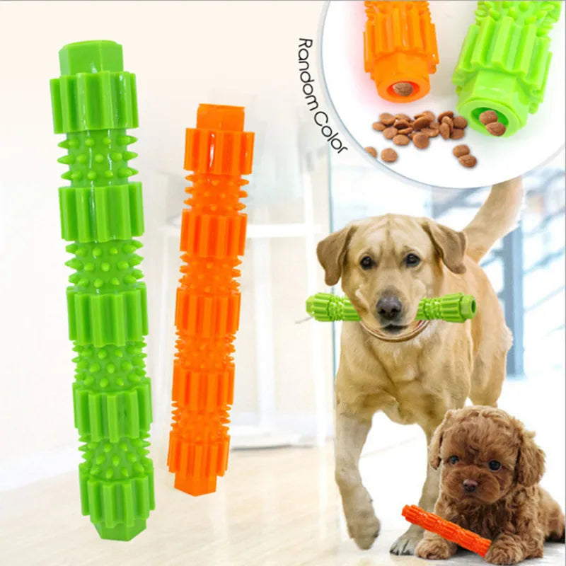 Durable rubber dog chew toy with treat dispensing and teeth cleaning features, available in 18cm and 23cm sizes for aggressive chewers.