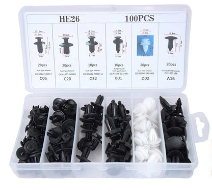 Mixed auto fastener clip kit with nylon push retainers and trim clips.