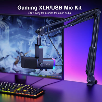 FIFINE XLR/USB Gaming Microphone Kit with dynamic sound, RGB lighting, and boom arm for streaming on PC, PS5, and PS4.