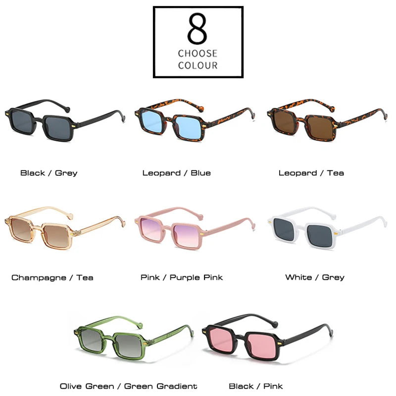 SO&EI fashion square sunglasses with retro rivet decoration and gradient UV400 lenses, available in leopard and blue, designed for women and men.