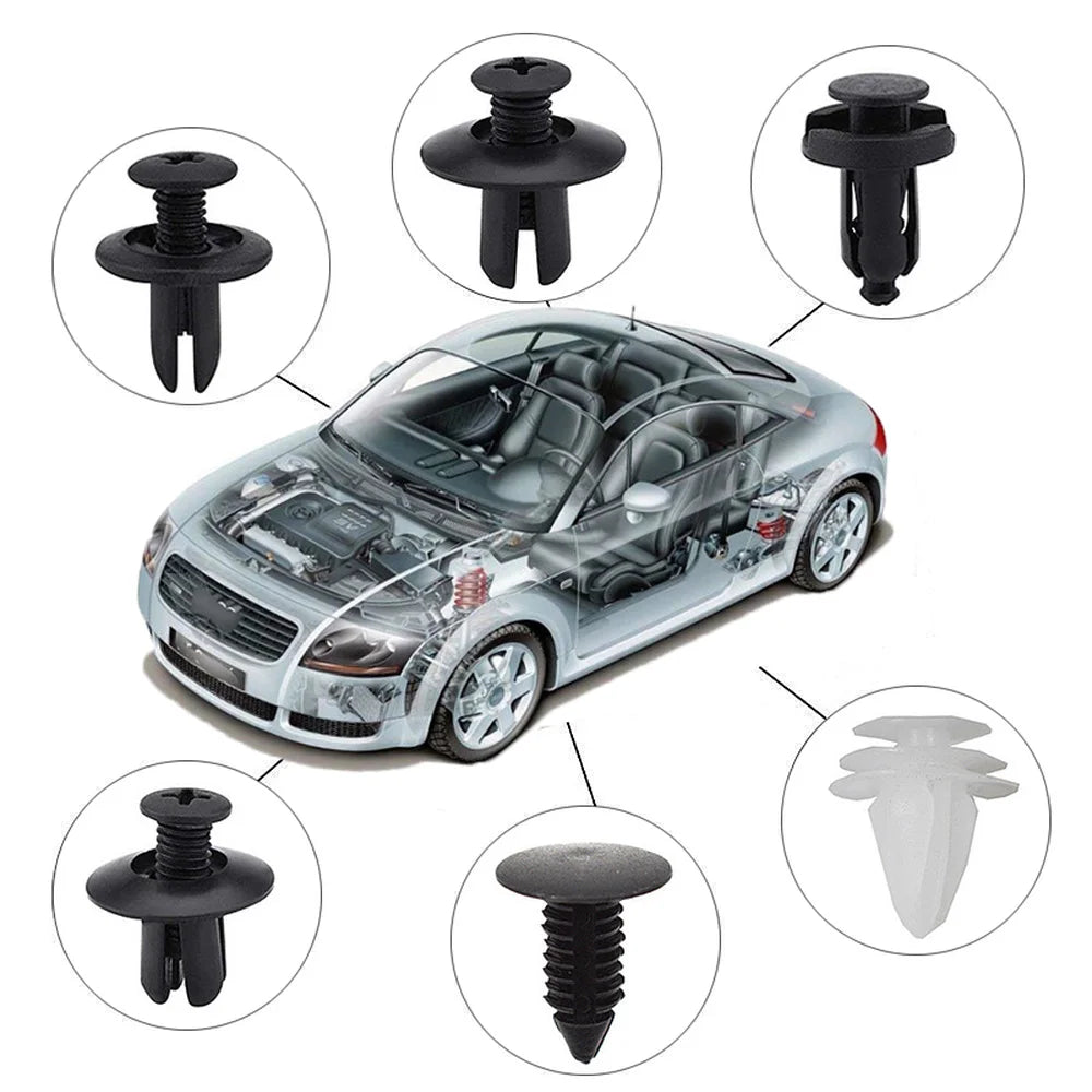 Mixed auto fastener clip kit with nylon push retainers and trim clips.