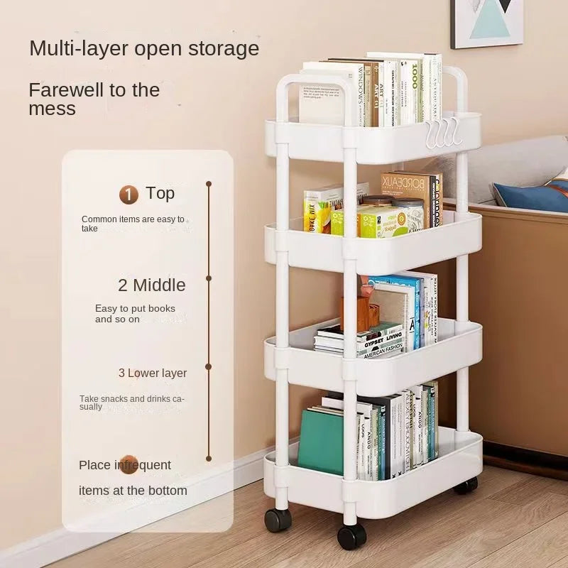 Multi-layer trolley rack with multiple tiers for versatile storage in any room.