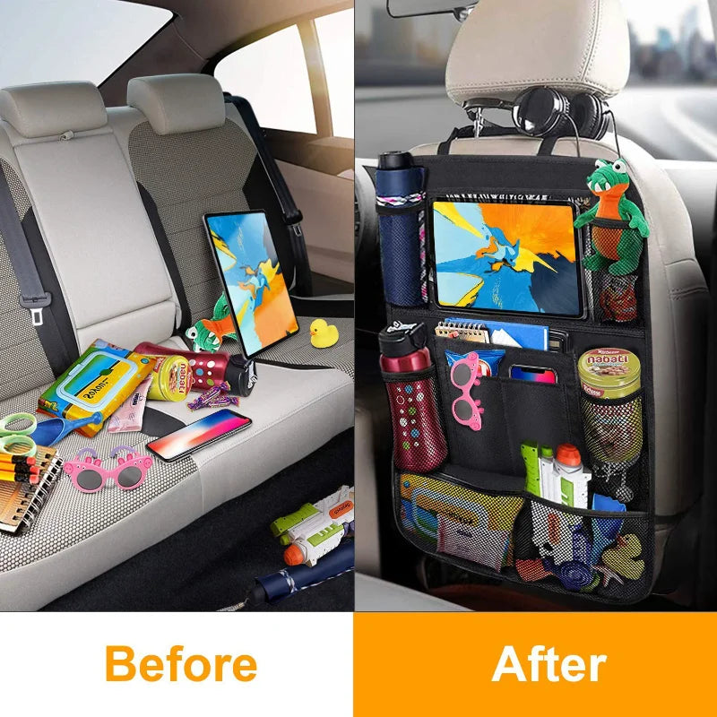 Car back seat organizer with touch screen tablet holder, waterproof and adjustable.