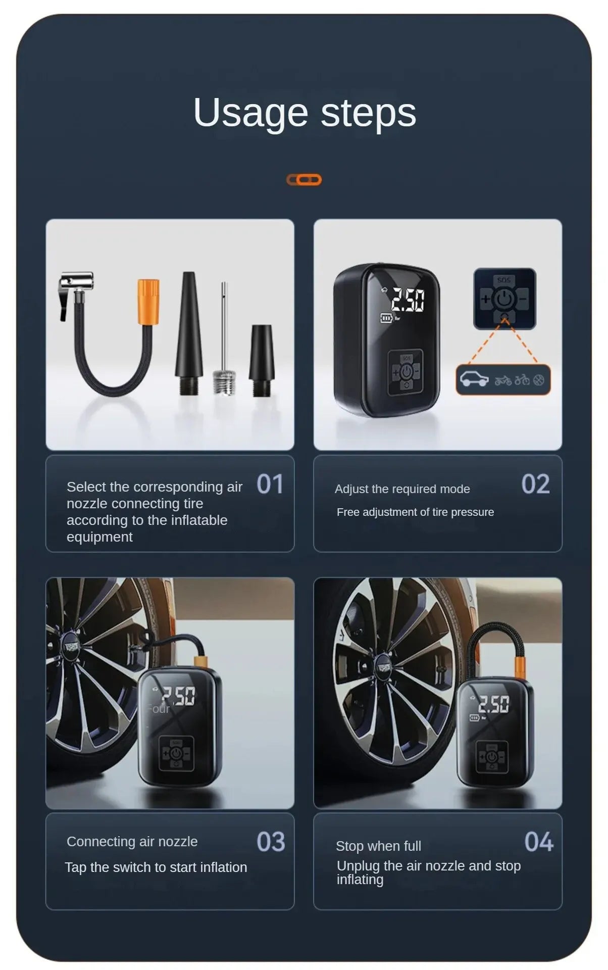 Wireless car air compressor by EAFC, designed for inflating tires, boats, bikes, and sports balls.