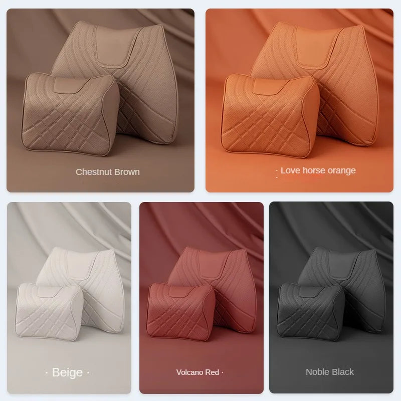 New Car Headrest Pillow Set - Sewing Leather Lumbar Waist Support Memory Foam Seat Neck Cushion