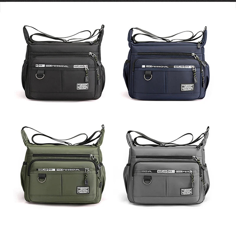 Men's waterproof Oxford messenger bag with a small sling design, featuring multiple compartments and an adjustable crossbody strap for stylish, organized daily use.