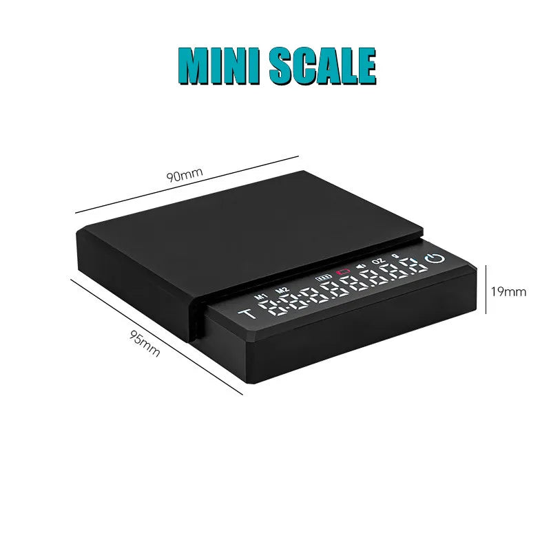 Mini coffee scale with LED display, 2kg capacity, accurate to 0.1g, USB powered.