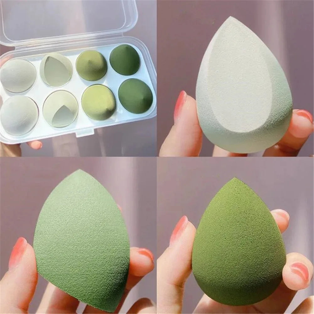 Assorted makeup sponges and puffs in a set of 4/8, ideal for applying foundation, concealer, and blush. Made of soft latex, perfect for a smooth, flawless makeup finish.