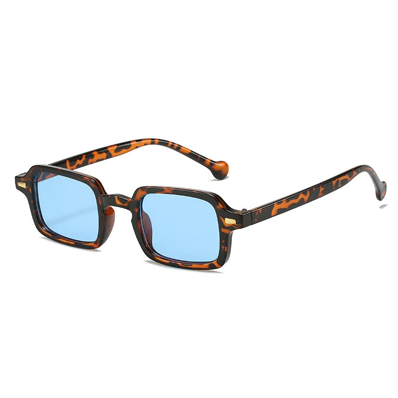 SO&EI fashion square sunglasses with retro rivet decoration and gradient UV400 lenses, available in leopard and blue, designed for women and men.