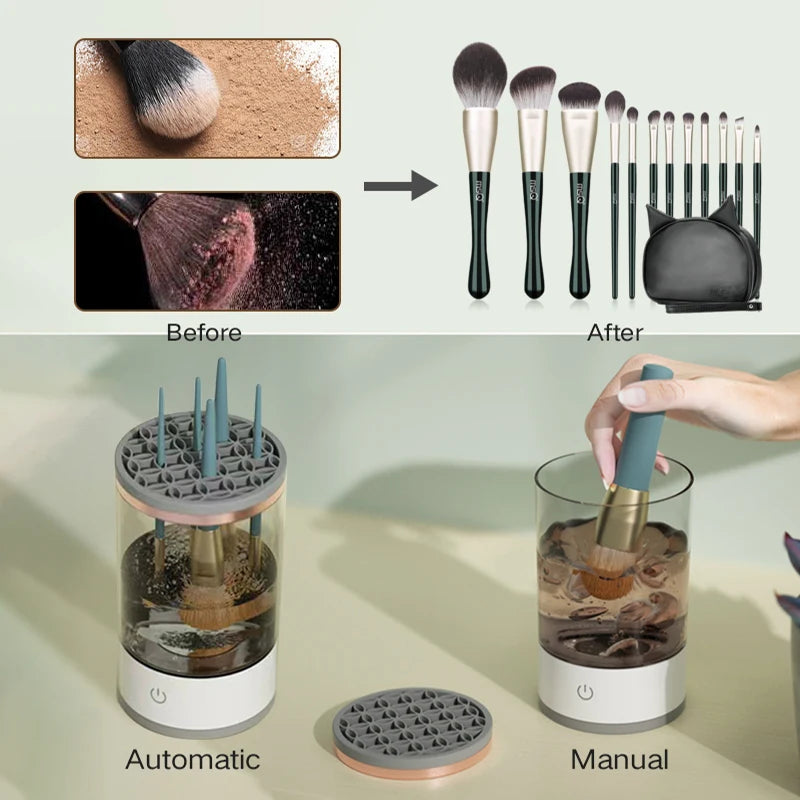 3-in-1 electric makeup brush cleaner with UV sterilization, sonic vibration, and quick-dry features. Includes a brush holder and USB cable for convenient use.