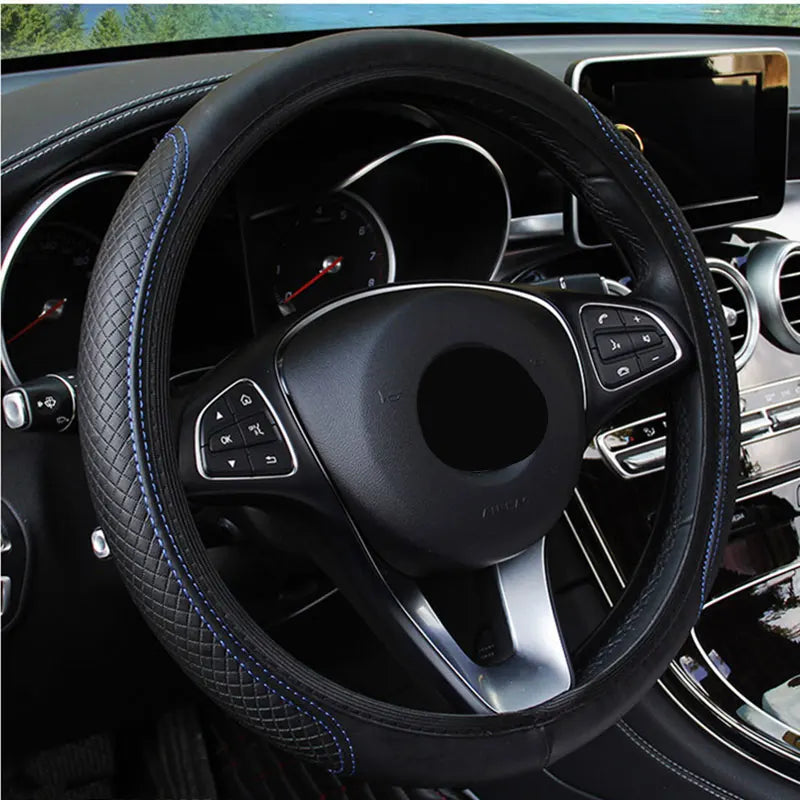 Universal non-slip embossed leather steering wheel cover for all seasons.