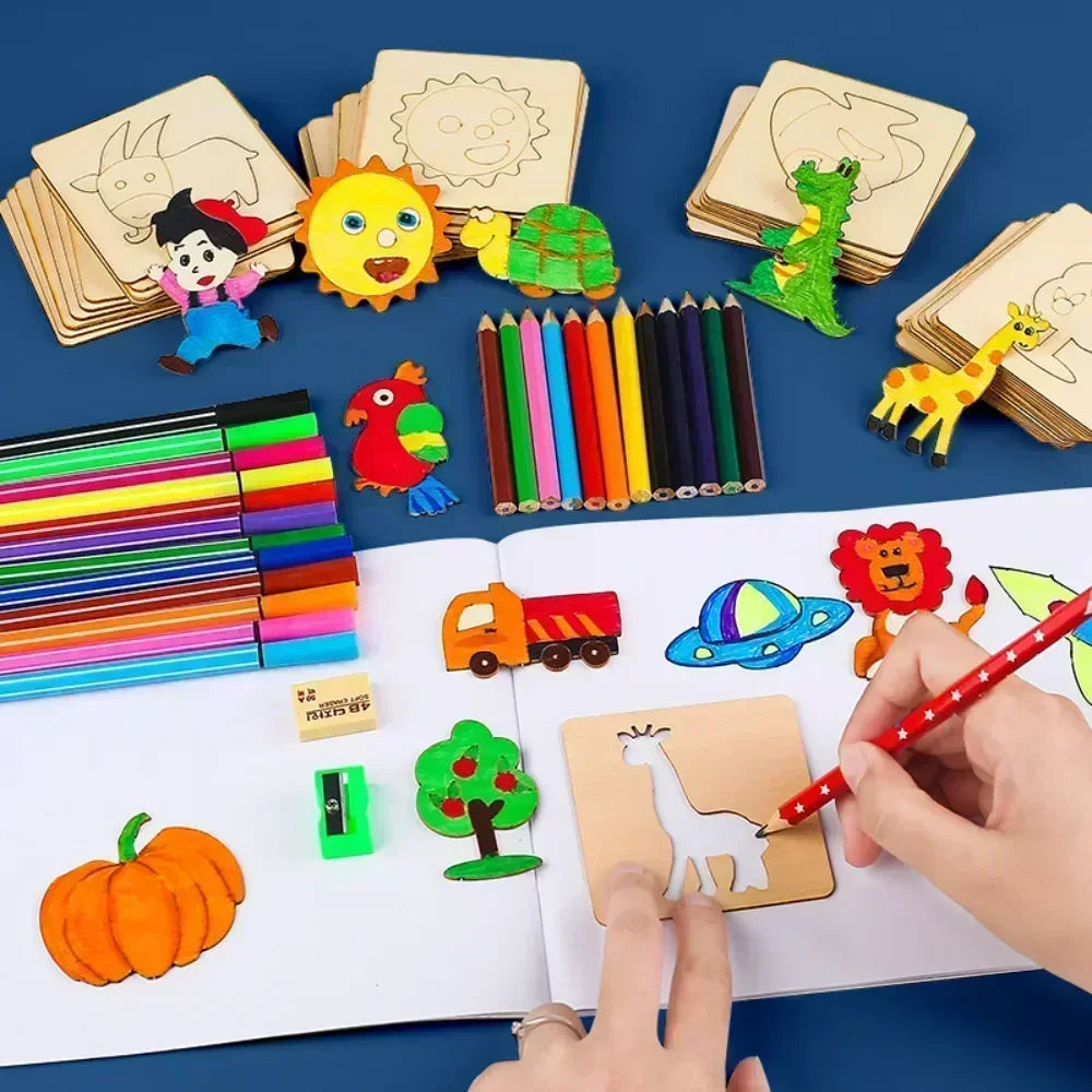 Wooden drawing stencils for kids, featuring various shapes and patterns. Ideal for DIY painting and crafting, designed for children aged 3-12 years.