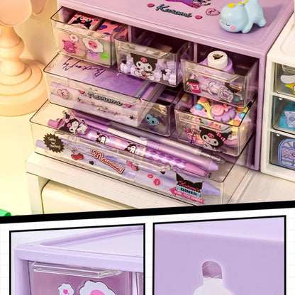 Sanrio 6-Grid Transparent Desktop Storage Box with Kuromi, Melody & Cinnamoroll Stickers