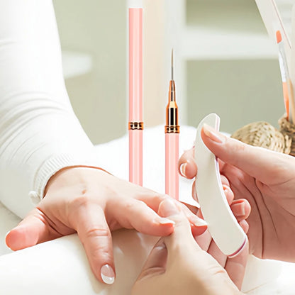 Set of five pink-handled nail art liner brushes of varying sizes displayed in a fan arrangement.