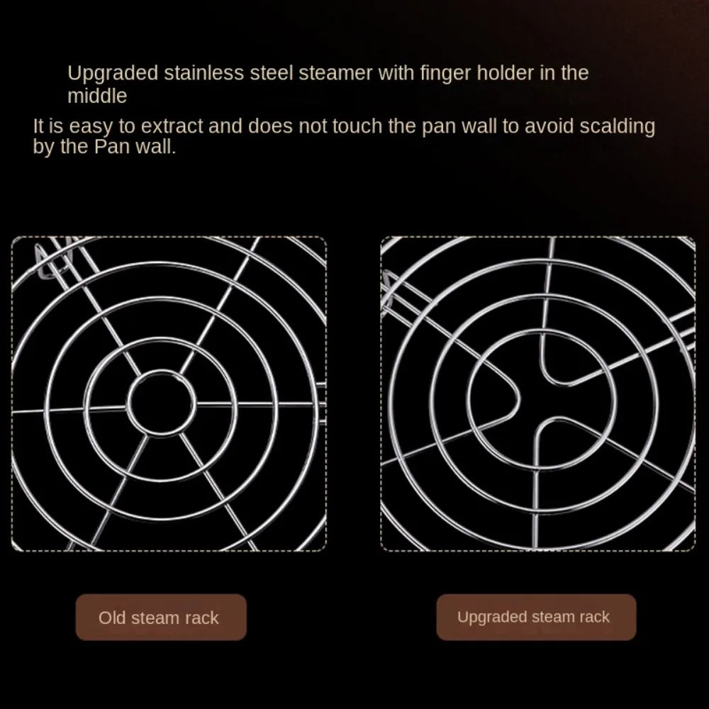 Stainless steel steamer rack in multiple sizes (15.5cm, 19.5cm, 23.5cm, 27.5cm). Made from durable 304 stainless steel, ideal for steaming vegetables and fish, with rust resistance and easy handling.