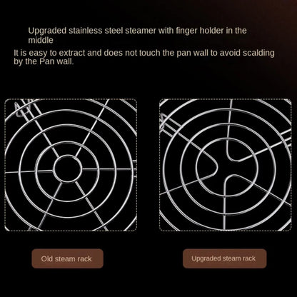 Stainless steel steamer rack in multiple sizes (15.5cm, 19.5cm, 23.5cm, 27.5cm). Made from durable 304 stainless steel, ideal for steaming vegetables and fish, with rust resistance and easy handling.