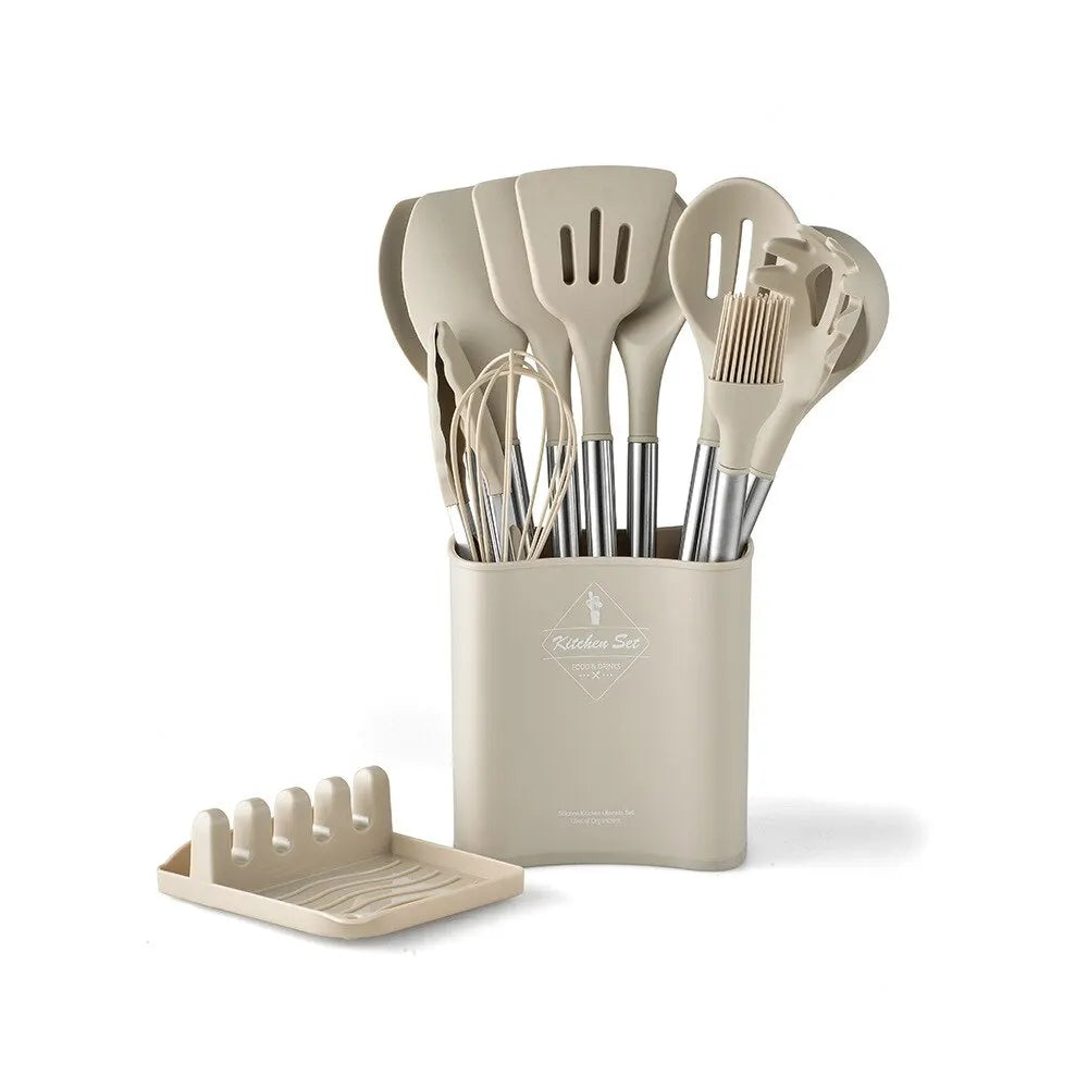 13 PCS Silicone Kitchen Utensil Set with Stainless Steel Handles and Storage Bucket