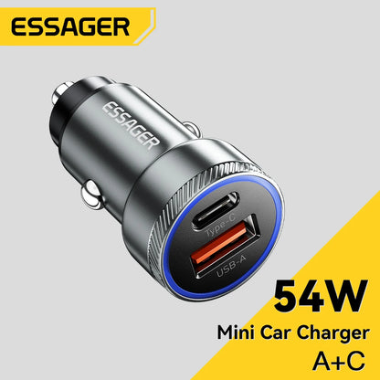 Essager 54W USB car charger with dual ports and LED light for fast and efficient charging in a car.