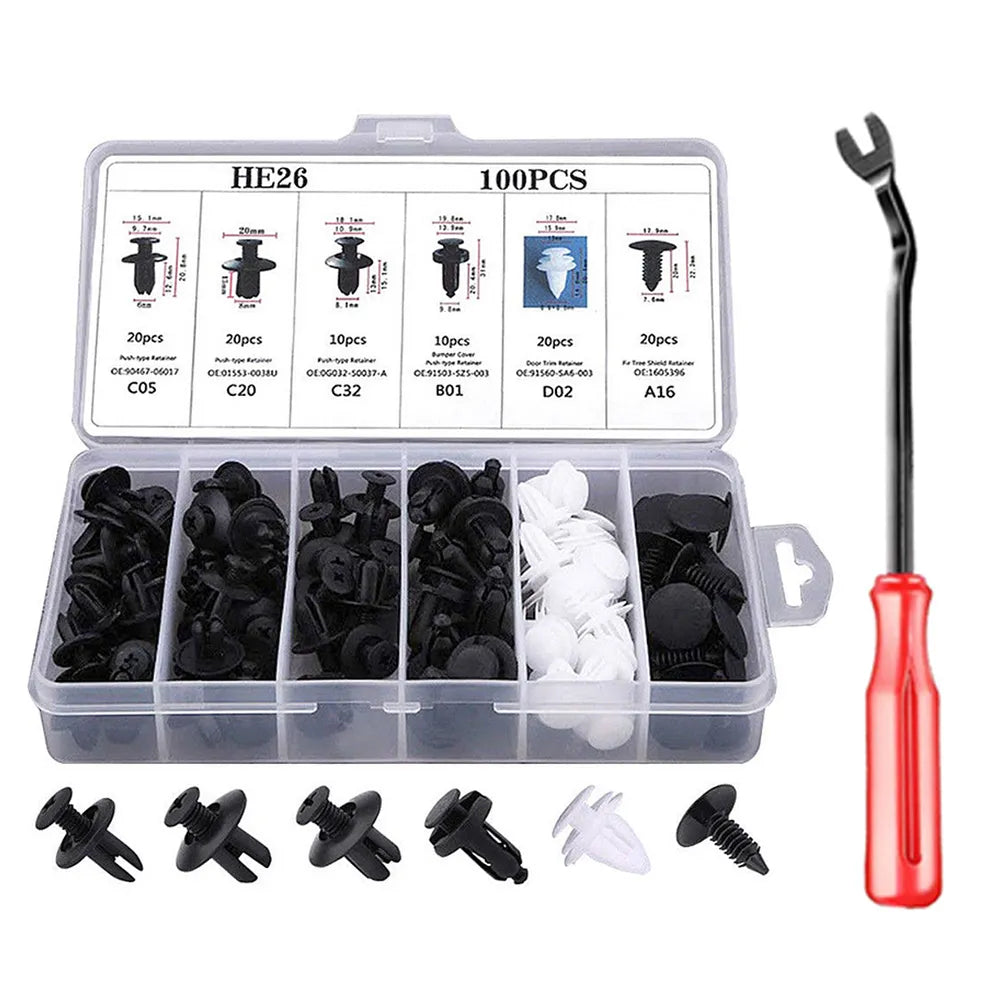 Mixed auto fastener clip kit with nylon push retainers and trim clips.