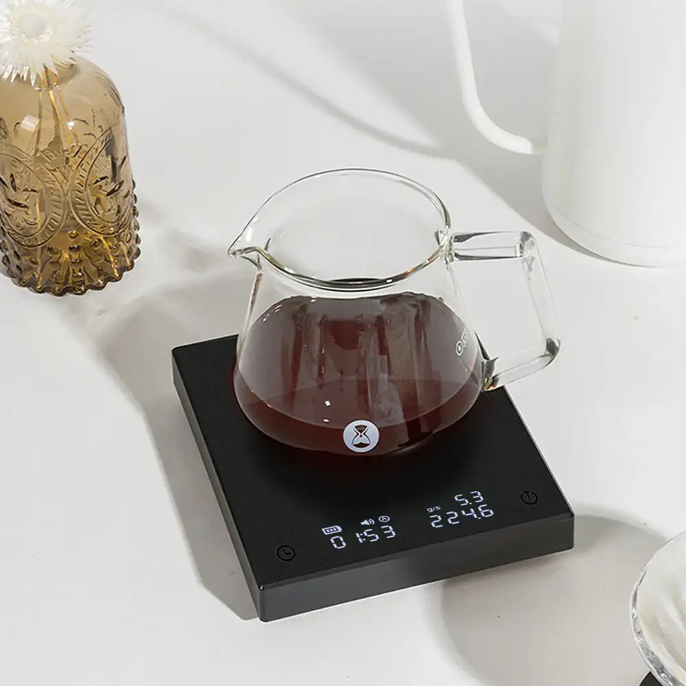 TIMEMORE Black Mirror Basic 2 coffee scale with LED display and auto timer.